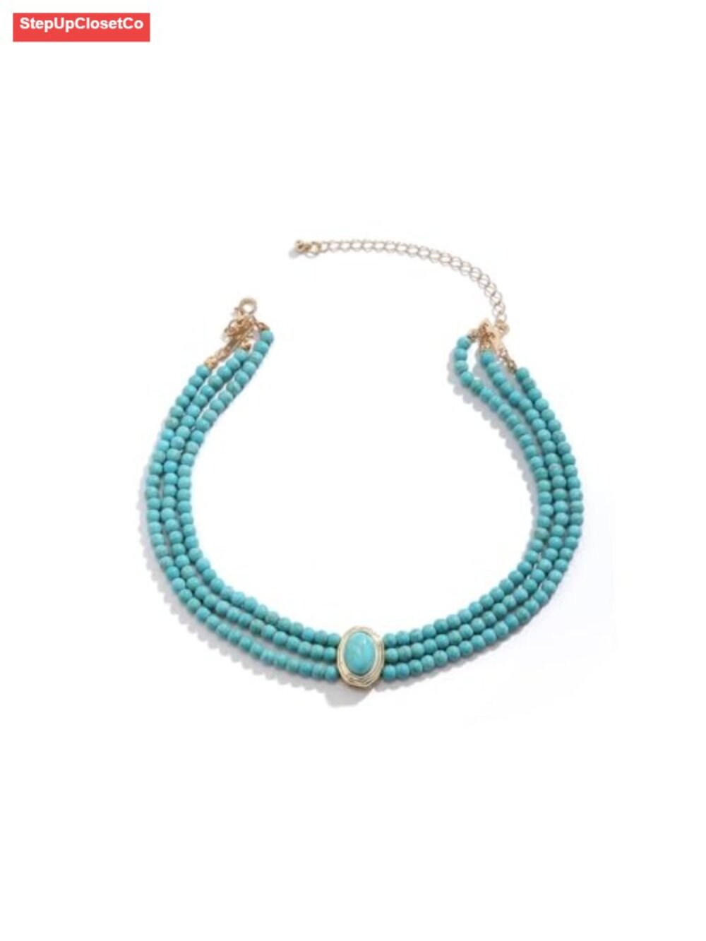 3-Layer Turquoise Beaded Choker Necklace Woman Statement Zinc Alloy Chain